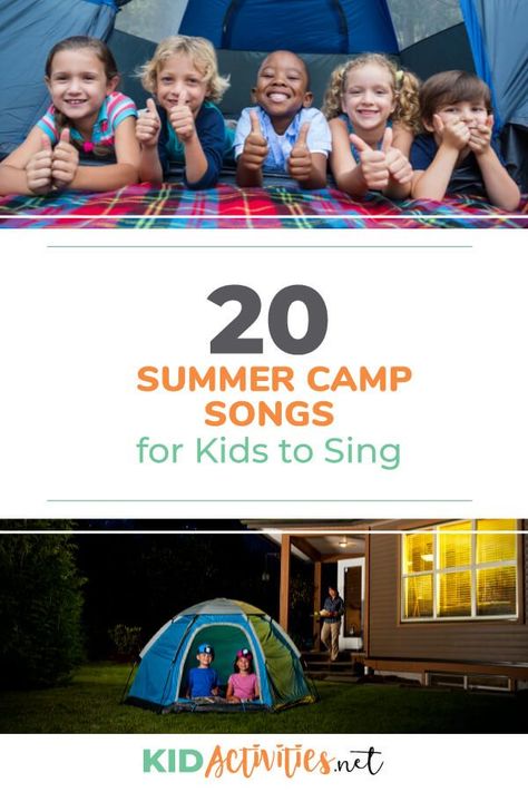 A collection of summer camp songs for kids. Strategically incorporate these fun songs into your camp calendar. Sing "Wheels On the Bus" on the bus trip to camp. Sing the Wake Up Song when kids should be waking up. #kidactivities #activitiesforkids #funforkids #ideasforkids Camp Songs For Kids, Camping Songs For Kids, Summer Camp Songs, Camping Songs, Camping Dramatic Play, Wake Up Songs, Fun Songs For Kids, Summer Party Games, Bus Trip