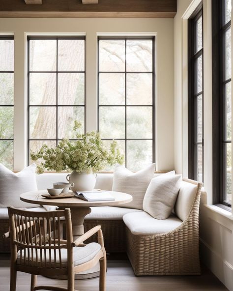 Banquette With Windows, Breakfast Nook With Fireplace, Formal Dining Room And Breakfast Nook, Breakfast Nook With Sofa, Breakfast Nook In Front Of Window, Kitchen Corner Ideas Breakfast Nooks, Breakfast Nook Under Window, Sunroom Inspiration Cozy, U Shaped Breakfast Nook