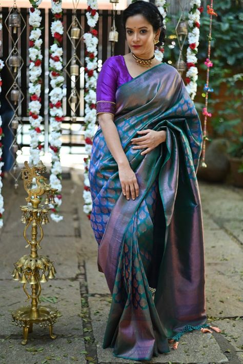 Kanjivaram Saree Inspiration for Brides Peacock Blue Saree Silk, Peacock Blue Saree Contrast Blouse, Peacock Color Saree, Peacock Blue Saree, Saree Inspiration, Royal Blue Saree, Saree Kanchipuram, House Of Blouse, Blue Silk Saree