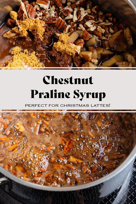 This chestnut praline syrup is made with brown sugar, roasted chestnuts, and roasted pecans. It's the perfect latte syrup for winter and especially for Christmas! It's inspired by the praline syrup from Starbucks and it's so easy to make! Add it to your coffee or drizzle over pancakes and waffles during the holiday season. via @healthfulideas Homemade Coffee Syrup Fall, Christmas Coffee Syrup, Chestnut Praline Syrup Recipe, Winter Simple Syrup, Christmas Simple Syrup, Pecan Syrup For Coffee, Praline Syrup Recipe, Christmas Syrup, Autumn Spice Simple Syrup