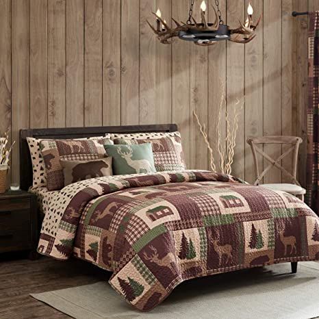 Twin Quilt 2 Piece Set Rustic Cabin Lodge Deer and Bear Coverlet Bedspread Moose Quilt, Cozy Sheets, Red Chestnut, Black Forest Decor, Forest Grove, Rustic Bedding, Bed In A Bag, Twin Quilt, Size King