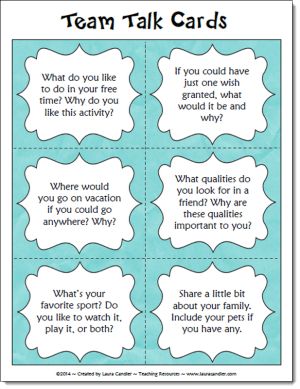 Table Talk Questions, Free Team Building Activities, Talking Cards, Intro Ideas, Icebreaker Questions, First Day Activities, Responsive Classroom, Writing Topics, School Activity