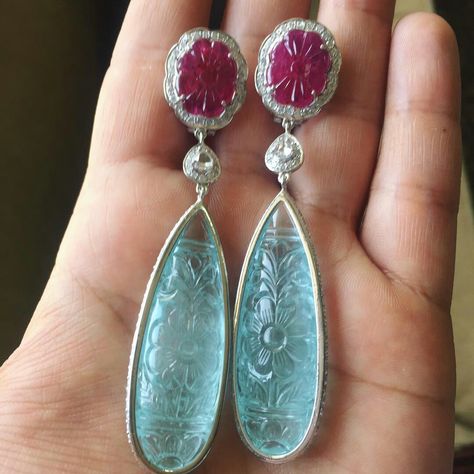 New collection carved #aquamarine #ruby #natural #earrings Carved Gemstones Jewelry, Navaratan Bangles, Aquamarine Jewelry Necklace, Carved Stone Jewelry, Vintage Indian Jewelry, Natural Earrings, Carving Stone, Fruit Jewelry, Jewelry Design Inspiration