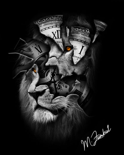 Lion Full Back Tattoo Design, Lion And Watch Tattoo Design, Lion Watch Tattoo Design, Clock Lion Tattoo, Roaring Lion Tattoos For Men, Lion Clock Tattoo Design, Lion And Clock Tattoo Design, Best Lion Tattoos Men, Jungle Woman