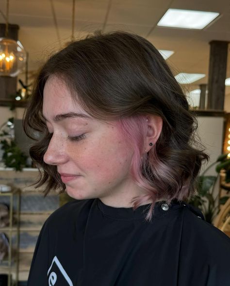 pops of pink💗 we love a little peekaboo highlight! how do you feel about getting little pops of color? Comment below👇🏻 #hairstylist #pinkhairgoals #boonenc #appstate #peekaboo Short Hair Pink Peekaboo, Peekaboo Placement, Pink Peek A Boo Hair, Short Peekaboo Hair, Brown Hair With Pink Underneath, Peekaboo Hair Dye, Peekaboo Pink Hair, Pink Highlights Hair, Peekaboo Bob