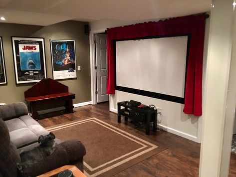 The new red curtain in my home theater looks pretty bad ass! Theater Curtains Aesthetic, Movie Room Curtains, Theater Curtains, Home Theater Curtains, Basement Movie Room, Basement Home Theater, Theater Decor, Theatre Curtains, Home Cinema Room