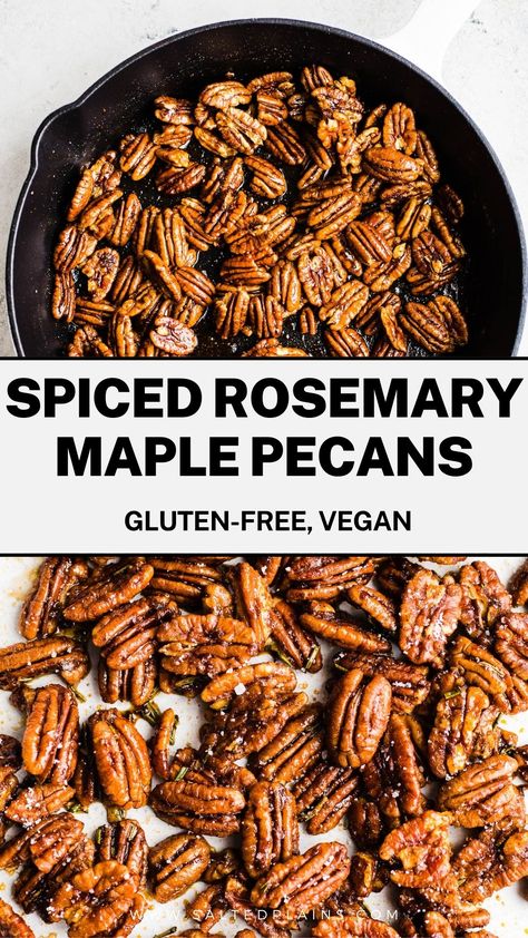 Elevate your snacking experience with these irresistible Spiced Rosemary Maple Pecans! Coated in a delightful blend of sea salt, spices, and infused with aromatic rosemary, these sweet and savory nuts are a flavor sensation. Perfectly suited for gluten-free and vegan lifestyles, they are a guilt-free indulgence. Treat yourself to a crunchy delight today! Rosemary Pecans, Maple Pecans, Spiced Nuts Recipe, Rosemary Sea Salt, Vegan Spinach Artichoke Dip, Savory Snack Recipes, Seasoned Pretzels, Chickpea Snacks, Spiced Pecans