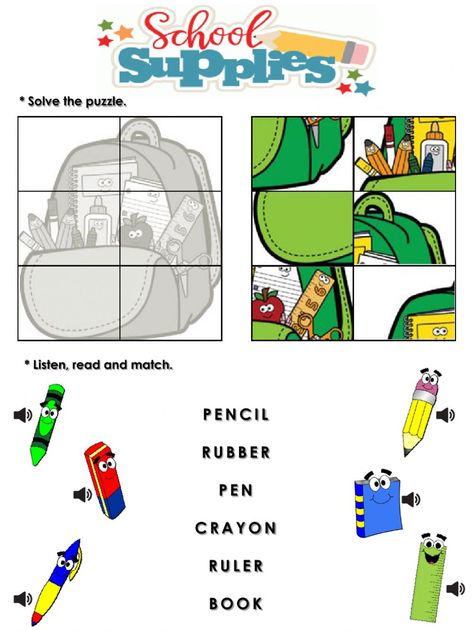 School Supplies Puzzle, Kindergarten School Supplies, School Objects, Reading Comprehension Texts, 5th Grade Worksheets, English Worksheets For Kindergarten, School Suplies, English Activities For Kids, Classroom Management Tool