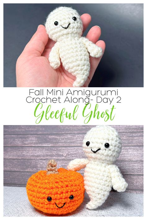 Free Ghost Amigurumi Pattern, Tiny Ghost Amigurumi, No Sew Ghost Crochet, Mini Halloween Amigurumi, Cute Halloween Amigurumi, Crochet Ghost With Pumpkin, Tiny Ghost Crochet Pattern, Small Crochet Ghost, Crochet Mini Halloween