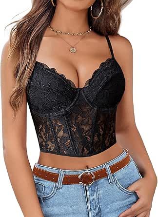 PRICES MAY VARY. Lace Bralette Crop Top is made of 90% Polyamide,10% Spandex; this bralette top is stretchy, breathable, and comfortable to wear (With Underwire) Adjustable shoulder straps & elastic mesh lace, you can adjust to your most comfortable length, at the same time, this y2k lace top uses a hollow floral lace pattern, making your figure look pretty and charming Lace bralettes for women, bustier tops, y2k lace bralettes, crop camisole, lingerie bustier lingerie, spaghetti strap tank top, Y2k Lace Top, Floral Lace Pattern, Strap Crop Top, Bralette Top, Bralette Crop Top, Bralette Tops, Distressed Black Jeans, Lace Pattern, Cropped Denim