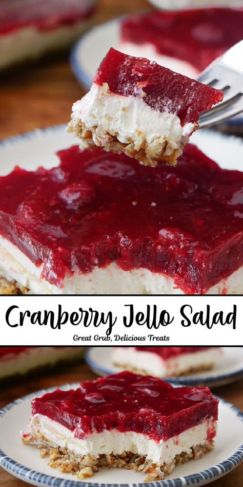 A double photo collage of a serving of cranberry jello salad on a white plate. Cranberry Dessert Recipe, Fresh Cranberry Salad, Raspberry Jello Salad, Cranberry Jello Salad, Cranberry Salad Recipes, Congealed Salad, Salty Desserts, Cranberry Jello, Jello Salads