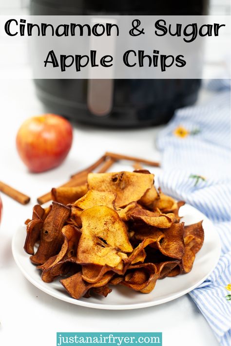 No need for a fancy food dehydrator! Make these delicious Cinnamon and Sugar Apple Chips in the Air Fryer for a delicious snack! #airfryerrecipes #dessertrecipes #healthydessert #airfryerdesserts Air Fryer Apple Chips, Low Calorie Snack, Apple Chips Recipe, Cinnamon Sugar Apples, Dehydrated Apples, Cinnamon Apple Chips, Healthy Chips, Best Chips, Sugar Apples