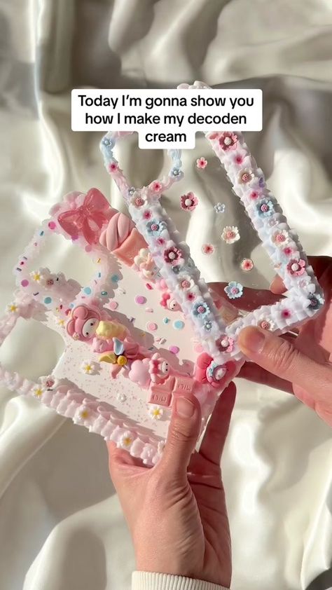 Decoden cream tutorial As many of you guys want to know how I make my ... | TikTok Diy Zelda Crafts, Decoden Cream, Candy Decorations Diy, Moon Bunny, Decoden Diy, Piping Nozzles, Decoden Case, Diy Cream, Silicone Caulk