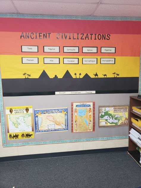 Bulletin Board, 6th grade, ancient Egypt, ancient civilizations. Ancient Civilizations Classroom Decor, Dti Theme Ancient Civilization, Ancient Civilizations Bulletin Boards, Timeline Bulletin Board, Early Civilizations Projects, Ancient Civilizations Timeline, Ancient Civilizations Lessons, History Classroom Decorations, Classroom Boards