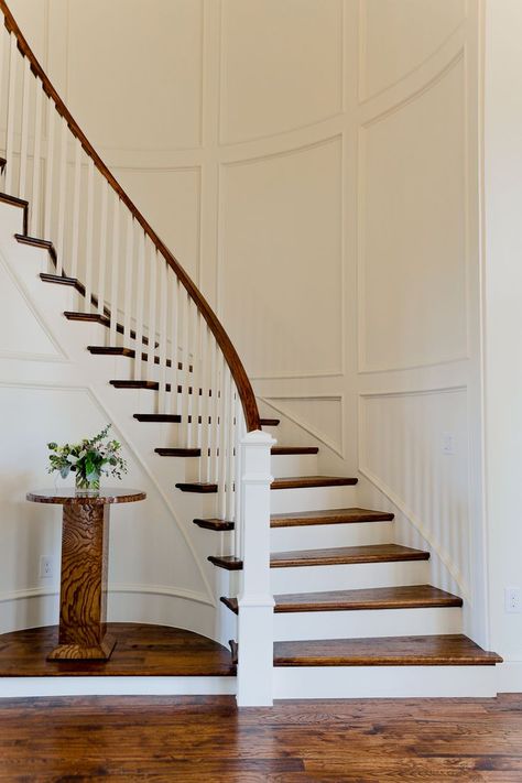 Curved Staircase Accent Wall, Curved Accent Wall, Paneled Staircase Wall, Curved Staircase Foyer Entryway, Contemporary Colonial Interiors, Curved Wall Design, Stair Case Wall Design, Curved Staircase Foyer, Stairwell Wall Ideas