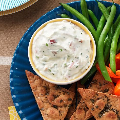 Chive Mascarpone Dip with Herbed Pita Chips Recipe -I have a massive herb garden in the summer, with an abundance of chives. This cream-cheesy dip helps use them up. Make it a few days in advance for best flavor. —Sarah Vasques, Milford, New Hampshire Dill Pickle Dip Recipe, Pickle Dip Recipe, Pita Chips Recipe, Protein Snacks Recipes, Whole Wheat Pita Bread, Homemade Pita Chips, Whole Wheat Pita, Pita Chips, Chips Recipe