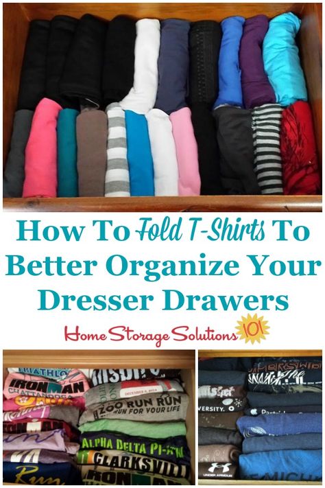 How to fold t-shirts to better organize your dresser drawers {on Home Storage Solutions 101} #FoldTshirts #FoldingTShirts #ClothingOrganization Fold Tshirts, Fold T Shirts, Fold Shirts, T Shirt Storage, Bedroom Storage For Small Rooms, Shirt Storage, T Shirt Folding, Dresser Drawer Organization, Storage Solutions Closet