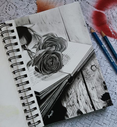 Pencil drawing of rose & book Book Cover Drawing Ideas, Cool Sketch Ideas Creativity, Rose Book, Pencil Drawing Images, Buddhist Art Drawing, Whimsical Art Journal, Rose Sketch, Pencil Drawings For Beginners, Boho Art Drawings