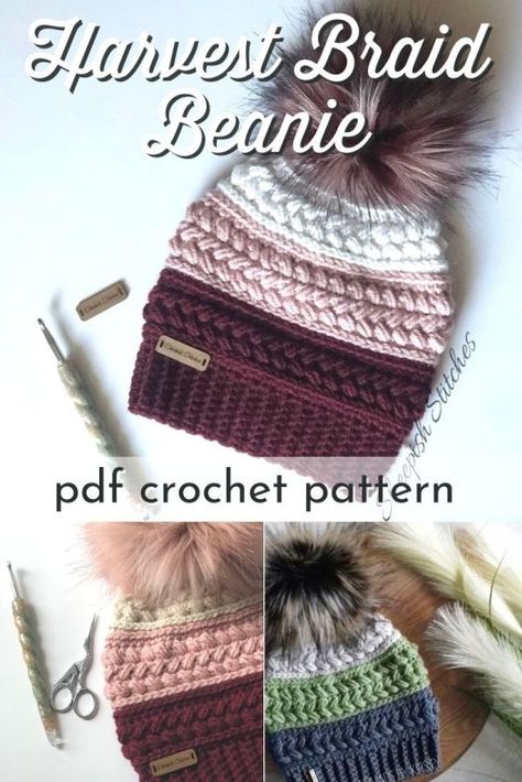 Harvest Braid Beanie, Crochet Braided Hat Pattern Free, Harvest Braid Beanie Pattern Free, Crochet Hat Top Down, Crochet Cc Beanie Pattern Free, Quick Crochet Hats Free Pattern, Crochet Beanie Top Down, Knit Look Crochet Beanie Free Pattern, Pnw Beanie Pattern