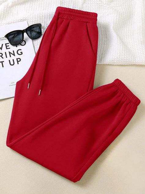 SHEIN EZwear Women's Drawstring Solid Color Tapered Jogger Pants For Everyday Casual WearI discovered amazing products on SHEIN.com, come check them out! Flatlay Fashion, Women Sweatpants, Red Sweatpants, Tapered Joggers, Flatlay Styling, Casual Wear Women, Slim Fit Top, Red Collar, Wearing Red