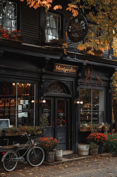 Fall Cafe Exterior, Cafe Autumn Aesthetic, City Autumn Aesthetic, Dark Autumn Vibes, Cozy Town Aesthetic, Fall Town Aesthetic, Dark Coffee Shop Aesthetic, Autumn City Aesthetic, Rachelcore Aesthetic