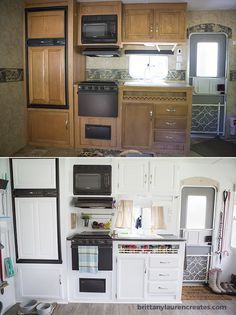 Kitchen before and after in camper Has details of what they did Rv Kitchen Remodel, Renovation Kitchen, Camper Trailer Remodel, Rv Travel Trailers, Trailer Decor, Caravan Renovation, Tiny Camper, Diy Camper Remodel, Rv Kitchen