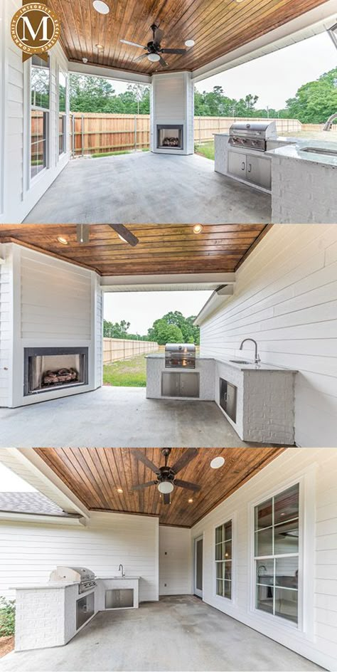 Back Patio Living Space, Simple Patio Extension, Covered Porches And Decks Outdoor Kitchens, Outdoor Living Space Covered Patio, Back Porch With Kitchen, Wrap Around Concrete Patio, Carport Outdoor Living Space, Lake Patio Ideas, Back Patio Ideas Covered