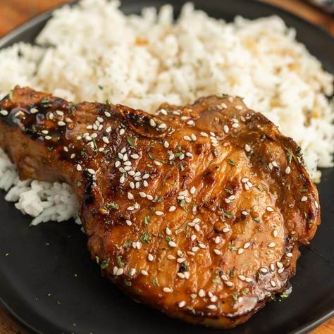 Grilled Teriyaki Pork Chops Grilled Chicken Nuggets Recipe, Teriyaki Pork Chops, Teriyaki Pork, Pork Marinade, Grilled Seafood Recipes, Blackstone Recipes, Teriyaki Recipe, Ranch Chicken Recipes, Grilled Salmon Recipes