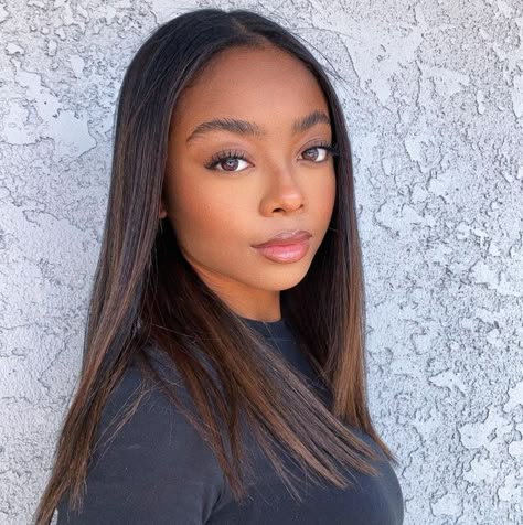 Skai Jackson Instagram, Relaxed Hair With Highlights, Cute Hair Colors On Black Women, Skai Jackson Hair, Black Hair Brown Highlights Black Women, Brown Highlights Black Women, Black Women Highlights Hair, Highlights On Black Hair Black Women, Balayage Hair On Black Women