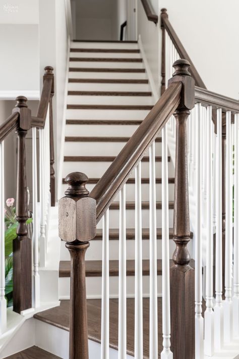 Painted Colonial Staircase, Staining Wood Banister, Changing Out Stair Spindles, Updated Stair Railing Wood, How To Paint A Stair Railing, Painting Wood Stair Railing, Pine Staircase Makeover, Classic Stair Railing Ideas, Painted And Stained Stairs