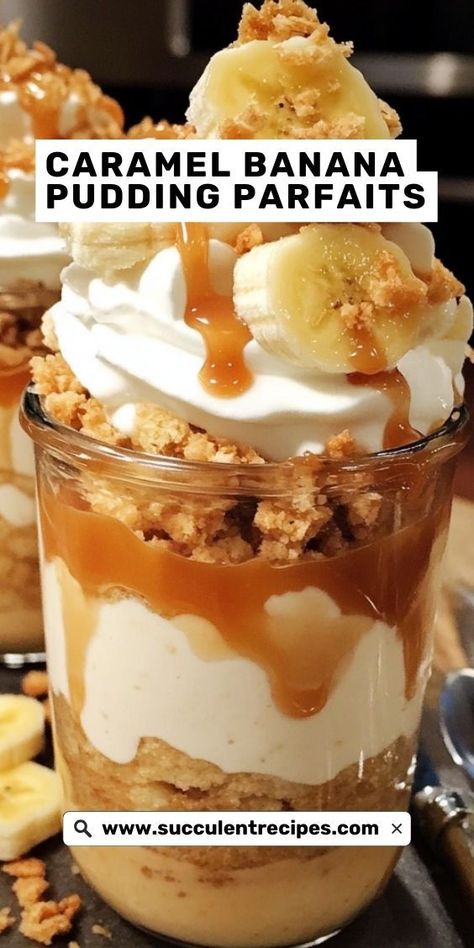 Enjoy a rich and creamy twist on banana pudding with these Caramel Banana Pudding Parfaits. Perfect for dessert lovers looking for something extra special! Biscoff Banana Pudding, Pudding Cups Ideas Desserts, Banana Desserts Easy, Pudding Layer Dessert, Banana Pudding Trifle Recipe, Easy Pudding Desserts, Caramel Banana Pudding, Whipped Pudding, Vanilla Wafer Banana Pudding