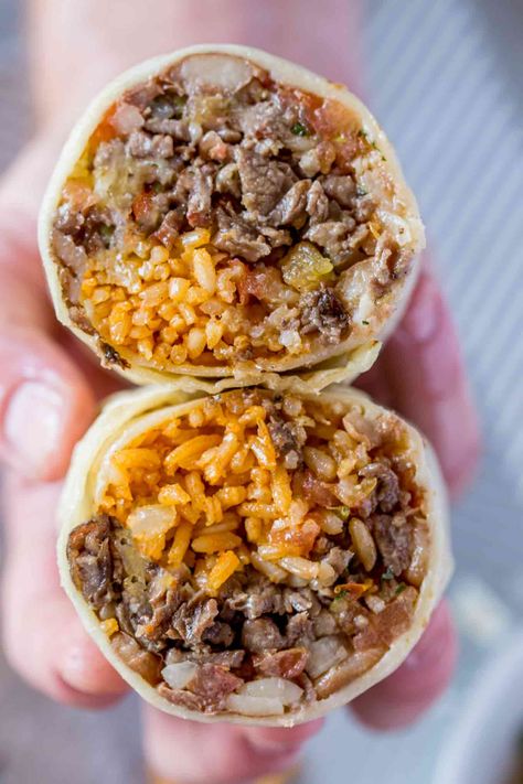 Beef Burrito - Dinner, then Dessert Rice Bean Burrito, Beef Bean Rice And Cheese Burritos, Freezable Burritos, Chipotle Beef Burrito, Beef Bean And Cheese Burritos, Stuffed Burritos, Burrito Rice, Ground Beef Burritos, Easy Carne Asada