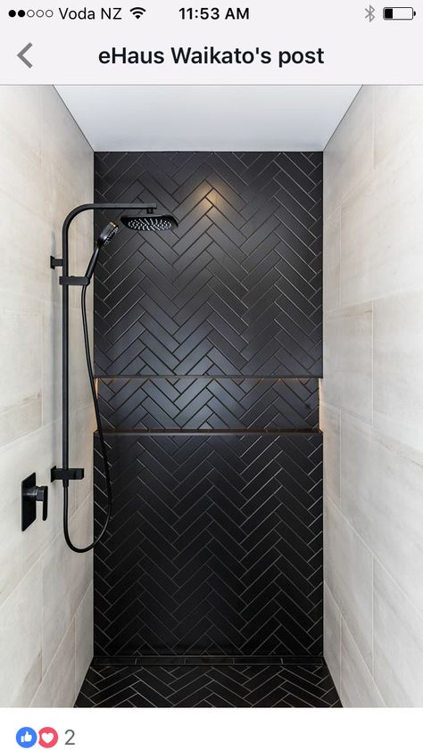 Black Herringbone Tile Bathroom Wall, Black Accent Wall Shower Tile, Tiled Shower Ideas With Tub, Tile Ideas For Small Bathrooms, Casita Decor, Black Shower Tile, Black Herringbone Tile, Master Bath Design, Black White Bathrooms