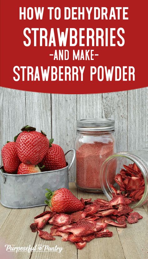 How to dehydrate strawberries and make strawberry powder. A fantastic way to save strawberries from your spring backyard garden and extend the life in your pantry. #strawberries #dehydrating #preserving How To Make Strawberry Powder, Dehydrator Recipes Strawberries, How To Dehydrate Strawberries, Save Strawberries, Preserving Strawberries, Dehydrating Strawberries, Dehydrate Strawberries, Dry Strawberries, Purposeful Pantry