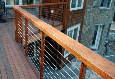 36 outdoor deck with warm-wood posts, cable railings - DigsDigs Horizontal Deck Railing, Reling Design, Wire Deck Railing, Deck Railing Systems, Cable Railing Deck, Deck Railing Design, Metal Railing, Cable Railing Systems, Deck Construction