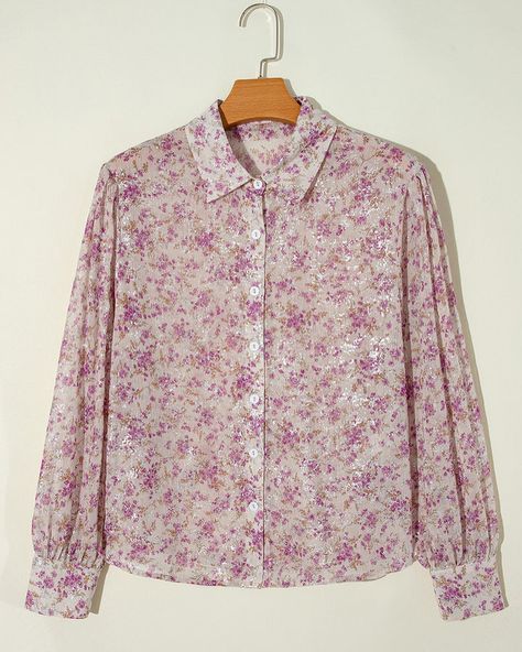 Printed Collared Neck Long Sleeve Shirt This floral button-up blouse features a soft beige background with pink and purple blossoms, accented with a subtle shimmer. It has a relaxed fit with long, puffed sleeves and a classic collar, offering a perfect blend of comfort and style. Link: https://sybariticboutique.com/products/printed-collared-neck-long-sleeve-shirt-2 #sybariticboutique #boutiquestyle #womenfashion #fashionnova #clothingboutique #clothingstores #elegantfashion #fashionlover ... Chic Shirts, Bishop Sleeve, Style And Grace, Effortless Chic, Plus Size Swimwear, Basic Style, Floral Shirt, Neck Shirt, 16 9