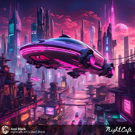 A hovercar with neon lights is gliding through a cyberpunk cityscape. The car is hovering above the ground and is illuminated with a bright pink light. The city is filled with tall, futuristic buildings with a mix of glass and metal structures. There are also hovering cars and drones in the sky. The background is filled with a vibrant pink and purple sky. Pink And Purple Sky, Cyberpunk Cityscape, Futuristic Cityscape, Flying Cars, Futuristic Building, Flying Car, City Car, Futuristic City, Purple Sky