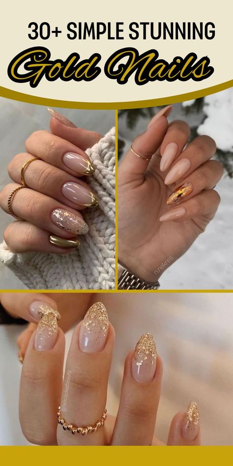 Anyone looking to indulge in the minimalist gold nail trend. So why not give your nails the Midas touch with these fancy yet minimal gold designs? They’re sure to add a dash of elegance to any ensemble. gold nail designs, gold nail ideas, winter gold nails. Neutral Nails With Gold Accent, Gold Beach Nails, Nude Gold Nail Designs, Gold French Tip Nails Coffin, French Tip With Gold Flakes, Clear Tip Nails Designs, Clear And Gold Nails, Simple Gold Nail Designs, Silver And Gold Nail Designs