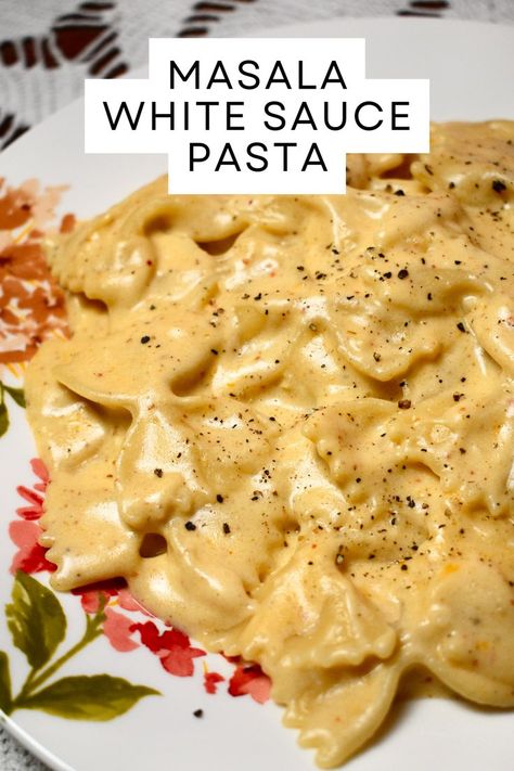 Creamy Masala White Sauce Pasta Recipe | Indian-Style Farfalle Pasta Recipe Spicy White Sauce Pasta, Cheesy White Sauce Pasta, Easy White Sauce Pasta, How To Make White Sauce Pasta, White Sauce Pasta Recipes Easy, Pasta Recipes White Sauce, Pasta Recipes Indian Style, Pasta White Sauce Recipe, Indian Pasta Recipes