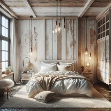 Imagine a modern rustic style bedroom. A comfortable king-size bed dominates the room, with fluffy white duvets and pillows. To the side, there's a retro wooden nightstand housing a vintage lamp. Opposite the bed, a rustic, aged wooden wardrobe stands, its grains and knots adding to the room's appeal. Large bright windows decorate the room, allowing plenty of natural light to flood in, illuminating the hanging Edison bulb lights, further enhancing the warm, cozy atmosphere of the room. Bedroom Wall Panel, Modern Rustic Bedroom, Wall Panel Ideas, Wall Panel Designs, Modern Rustic Bedrooms, Panel Ideas, Wall Panels Bedroom, Sleek Furniture, Contemporary Elements