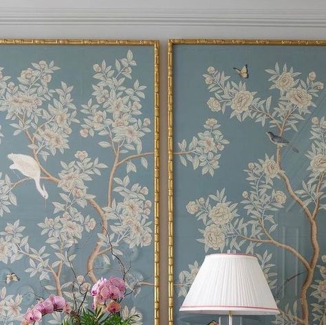 Charlotte Lucas, Framed Wallpaper Panels, Chinoiserie Living Room, Chinoiserie Interior, Chinoiserie Panels, Home Window Grill Design, Blue White Decor, Framed Wallpaper, Bedroom Panel