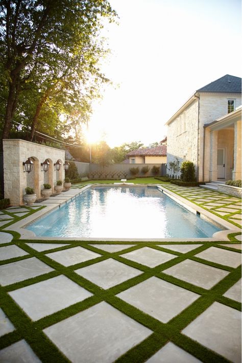 Classic pool shape - grass and paver deckdetail | CC and Mike | Modern Mediterranean Backyard, Mediterranean Pool Design, Mediterranean Backyard, Deck Piscina, Rectangle Pool, Swimming Pool Landscaping, Backyard Pool Landscaping, Dream Pools, Backyard Pool Designs