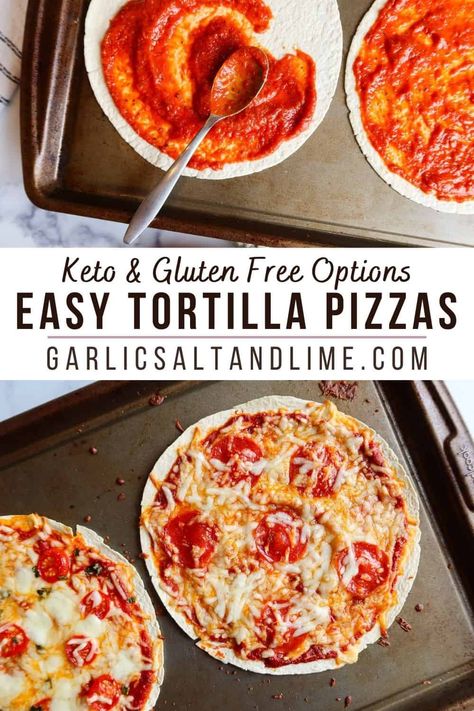 Low Carb Tortilla Pizza, Tortilla Pizzas, Fresh Basil Recipes, Making Pizza Dough, How To Make Tortillas, Gluten Free Tortillas, Tortilla Pizza, Pizza Bar, Mini Pizzas