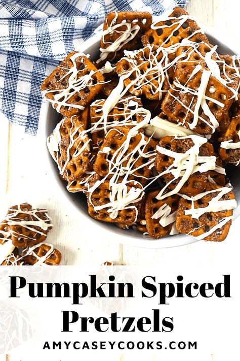 As soon as the weather turns cool, I mix up a batch of these addictive Pumpkin Spiced Pretzels. This easy to make fall favorite treat starts with store bought crunchy pretzels. They're baked with a coating of butter, sugar and homemade pumpkin spice. The finishing touch of a generous drizzle of white chocolate makes the pretzels the perfect sweet and salty party snack. Pumpkin Spice Pretzels, Tajin Pretzels, Salty Party Snacks, Spiced Pretzels, Crisps Recipe, Savoury Finger Food, White Chocolate Drizzle, Fall Meals, Pretzel Crisps