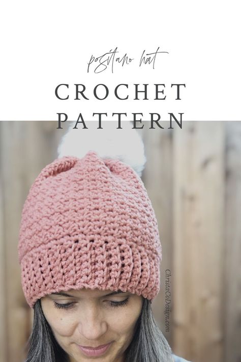 Crochet this bottom up hat and top it with a luscious pom to keep you warm and stylish this season. The Positano Hat is a free crochet pattern in 4 sizes from toddler through adult. Crochet Bottom Up Hat, Bottom Up Crochet Hat, Mitten Crochet, Crochet Pattern Hat, Crochet Pom Pom Hat, Crocheted Beanies, Beanie Pom Pom, Easy Crochet Hat Patterns, Poncho Patterns