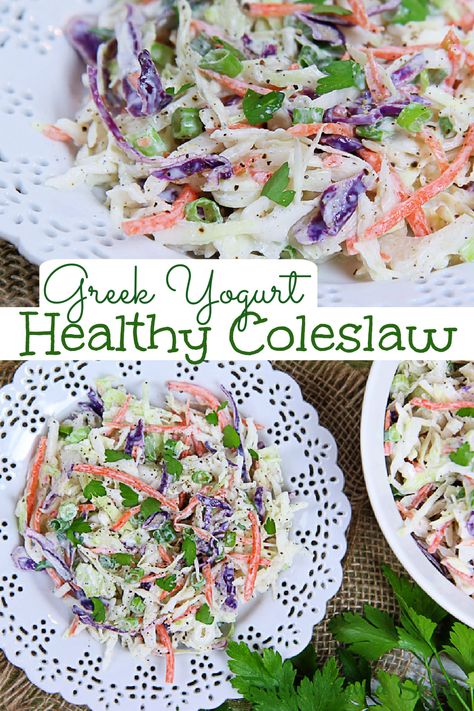 Healthy Coleslaw Recipe with Greek Yogurt and no mayo! The Best Healthy Cole Slaw Dressing that’s a creamy. Homemade and Southern style but with honey instead of sugar and greek yogurt instead of mayonnaise. Easy, simple, clean eating and the perfect healthy cookout side dish. Veggie packed with bagged coleslaw, carrots, green onion and parsley plus apple cider vinegar. Vegetarian, Gluten Free, Low Carb / Running in a Skirt #healthysidedish #coleslaw #healthyrecipe #vegetarian #greekyogurt Lean And Green Coleslaw Recipe, Healthy Cole Slaw, Cole Slaw Recipe No Mayo, Healthy Cookout Side Dishes, Healthy Coleslaw Dressing, Healthy Coleslaw Recipe, Apple Coleslaw Recipe, Healthy Cookout, Simple Clean Eating