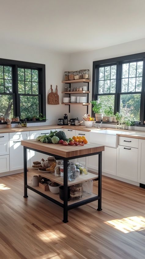 Open kitchen with white cabinets, black window frames, and a light wood island, featuring a standalone cabinet with Kitchen Island Stove Ideas, Antique Kitchen Island, Kitchen With Long Island, Island With Stove, Kitchen Island With Stove, Glamorous Kitchen, Functional Kitchen Island, Warm Wood Flooring, Wooden Island