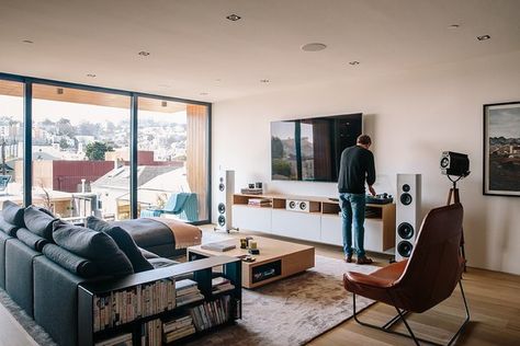 Sonos speakers are wired throughout the house, complemented by Magico S3 standing speakers in the family room. The leather Lama lounger is by Ludovica and Roberto Palomba for Zanotta. Tagged: Living Room, Chair, Sectional, Recessed Lighting, and Light Hardwood Floor. Living Room Speakers, Hifi Room, Sonos Speakers, Domino Effect, Apartment Living Room Design, Audio Room, 아파트 인테리어, Living Room Remodel, Bedroom Refresh