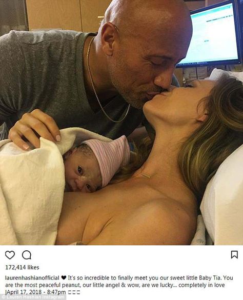 'Wow, are we lucky': Lauren Hashian posted a sweet Instagram photo Friday of her beau Dwayne Johnson kissing her as she cradled their newborn daughter Tia Dwayne Johnson Girlfriend, Dwayne Johnson Family, Lauren Hashian, Rock Dwayne Johnson, Rock Family, His Ring, Celebrity Baby, Dwayne The Rock Johnson, Hospital Photos