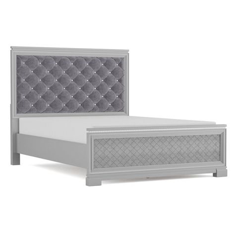 Feel like royalty when you retire to the exquisite, glam design of this silver eastern king bed. Spectacular in a lush retreat, the bed boasts a tall headboard bordered in mirrored panels surrounding rich button tufting that's capped with faceted acrylic buttons that emulate sparkling crystal. A silver finish complements the overall look while a faux-croc texture and diamond lattice decorate the footboard for that final hint of glamorous dimensionality. Glam Bedroom Set, Glam Bed, Furniture Aesthetic, Sleigh Bedroom Set, Silver Bedroom, Glam Design, Wood Bedroom Sets, Homes Inside, Eastern King Bed